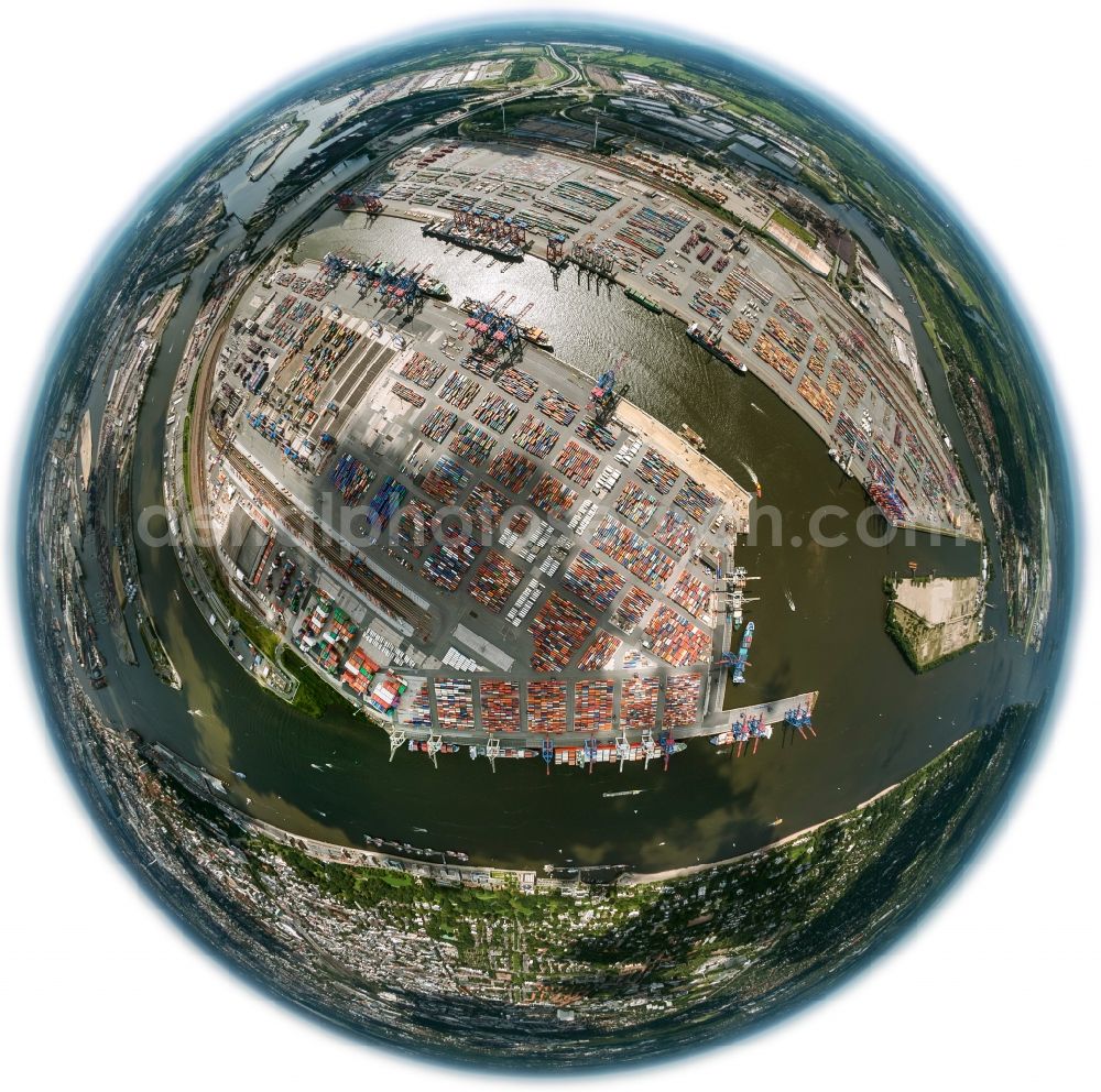 Hamburg from above - Fisheye - view on container and container ships at berth HHLA Logistics Container Terminal Tollerort and Walter Hofer Euro Gate Container Terminal in the Port of Hamburg harbor in Hamburg