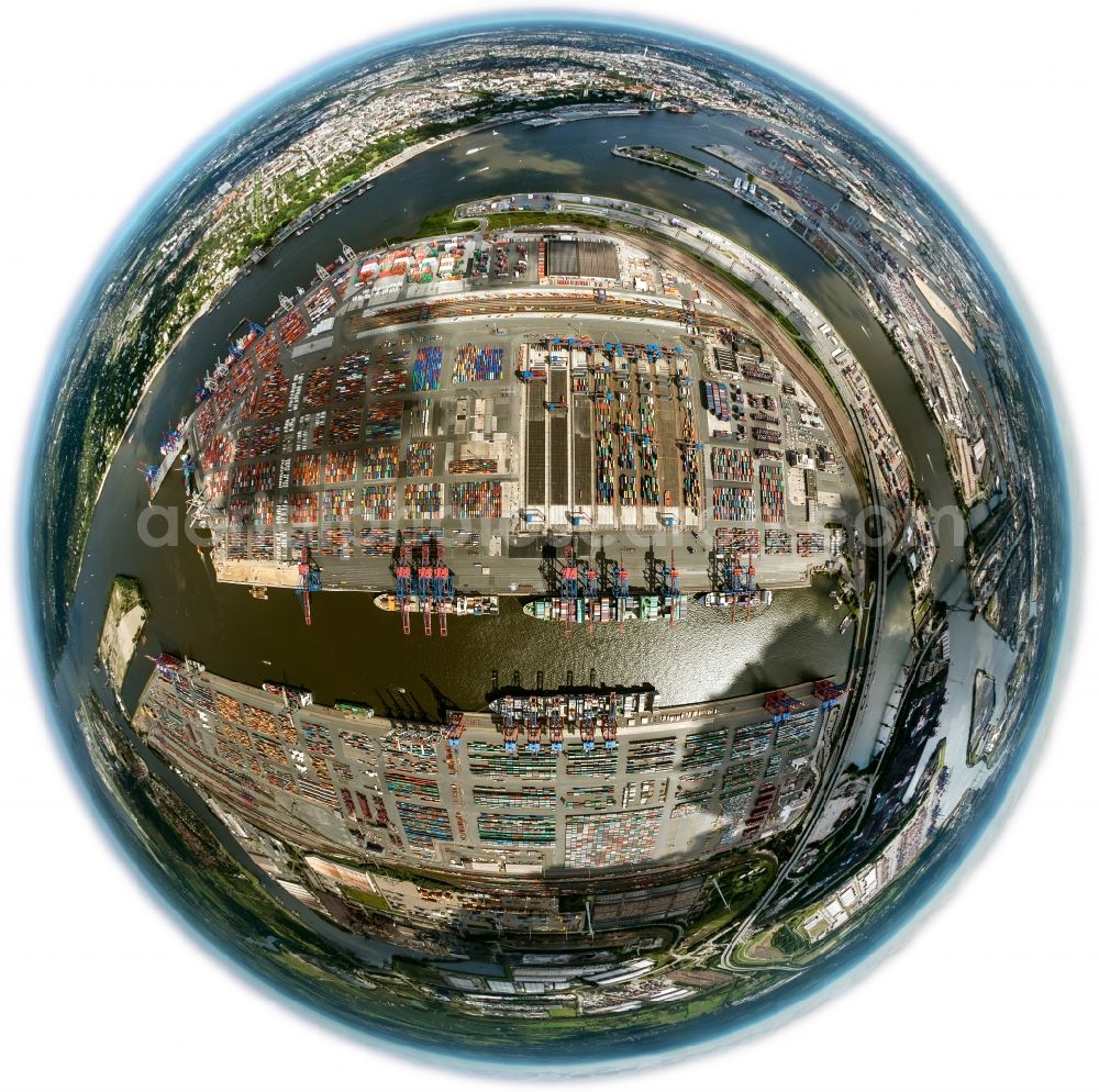 Aerial image Hamburg - Fisheye - view on container and container ships at berth HHLA Logistics Container Terminal Tollerort and Walter Hofer Euro Gate Container Terminal in the Port of Hamburg harbor in Hamburg