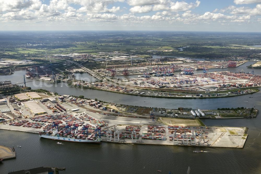 Hamburg from the bird's eye view: View on container and container ships at berth HHLA Logistics Container Terminal Tollerort and Walter Hofer Euro Gate Container Terminal in the Port of Hamburg harbor in Hamburg