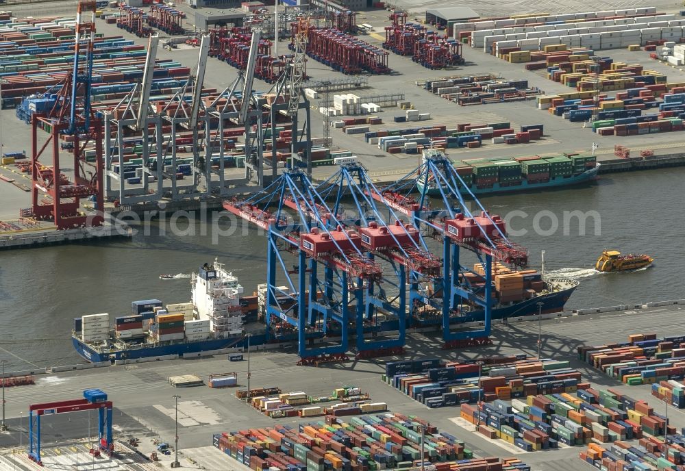 Aerial image Hamburg - View on container and container ships at berth HHLA Logistics Container Terminal Tollerort and Walter Hofer Euro Gate Container Terminal in the Port of Hamburg harbor in Hamburg