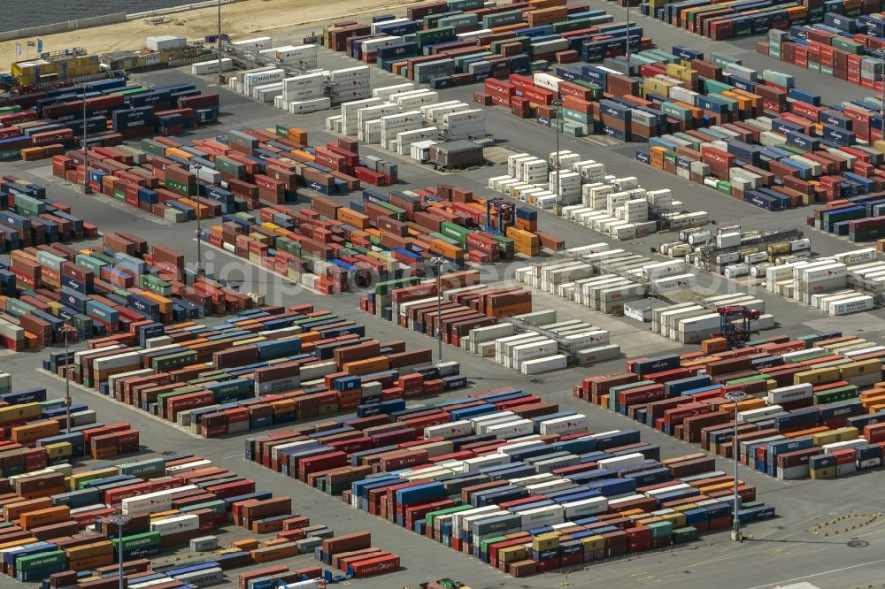 Aerial photograph Hamburg - View on container and container ships at berth HHLA Logistics Container Terminal Tollerort and Walter Hofer Euro Gate Container Terminal in the Port of Hamburg harbor in Hamburg