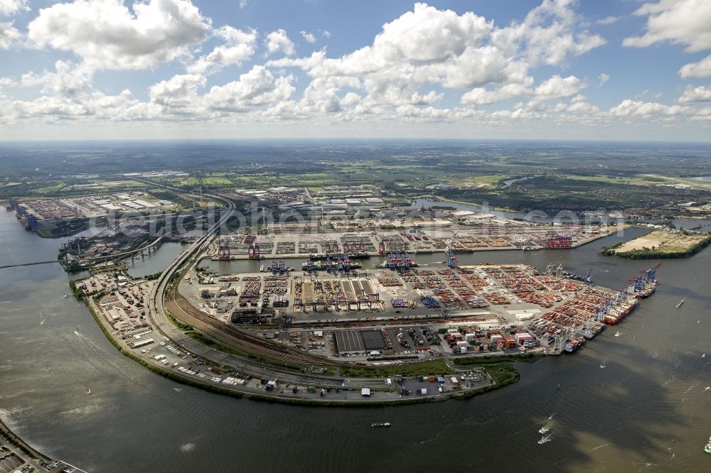 Hamburg from above - View on container and container ships at berth HHLA Logistics Container Terminal Tollerort and Walter Hofer Euro Gate Container Terminal in the Port of Hamburg harbor in Hamburg