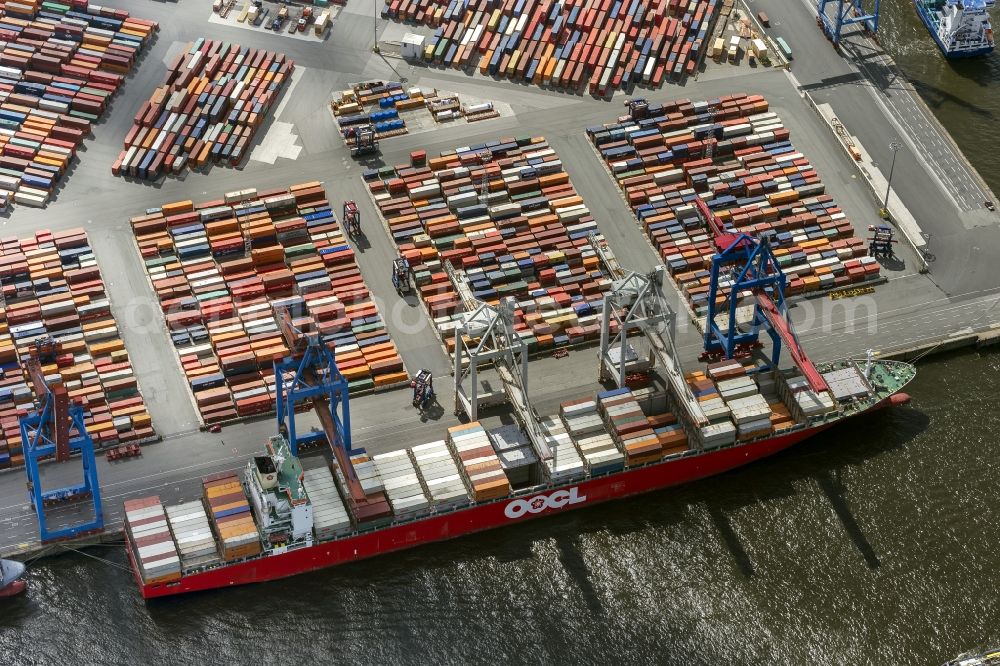 Aerial image Hamburg - View on container and container ships at berth HHLA Logistics Container Terminal Tollerort and Walter Hofer Euro Gate Container Terminal in the Port of Hamburg harbor in Hamburg