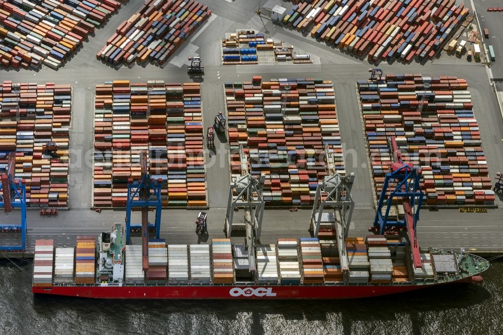 Aerial photograph Hamburg - View on container and container ships at berth HHLA Logistics Container Terminal Tollerort and Walter Hofer Euro Gate Container Terminal in the Port of Hamburg harbor in Hamburg