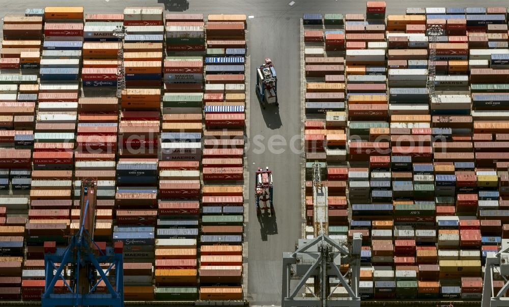 Hamburg from above - View on container and container ships at berth HHLA Logistics Container Terminal Tollerort and Walter Hofer Euro Gate Container Terminal in the Port of Hamburg harbor in Hamburg