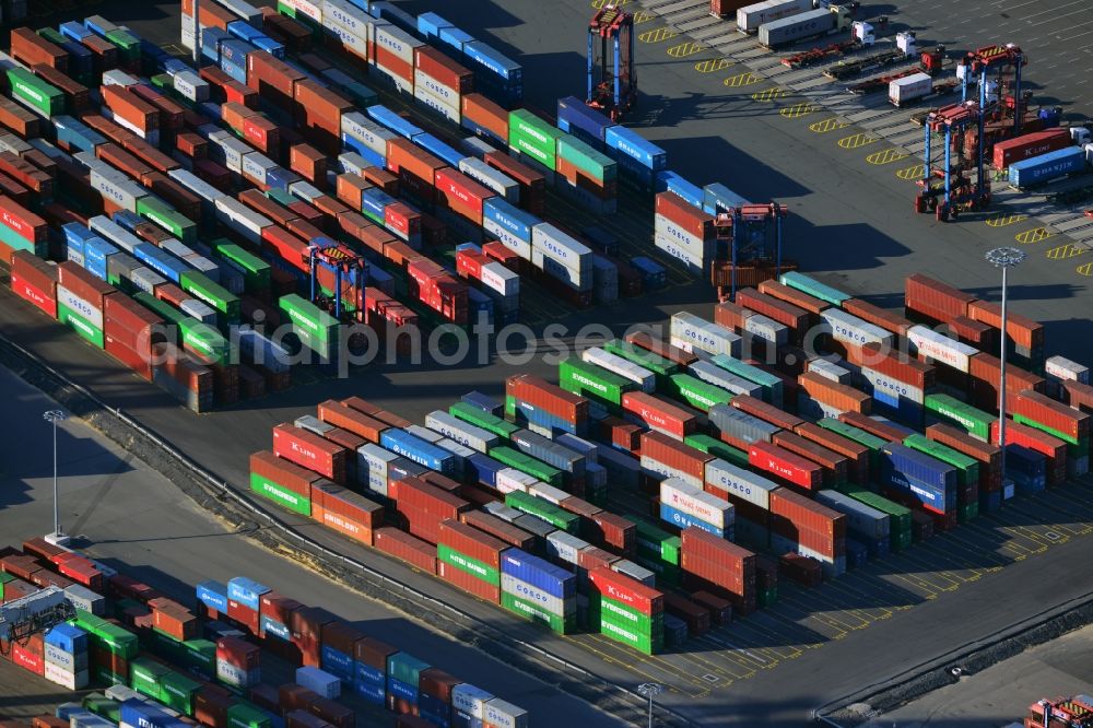 Hamburg from the bird's eye view: View on container and container ships at berth HHLA Logistics Container Terminal Tollerort and Walter Hofer Euro Gate Container Terminal in the Port of Hamburg harbor in Hamburg