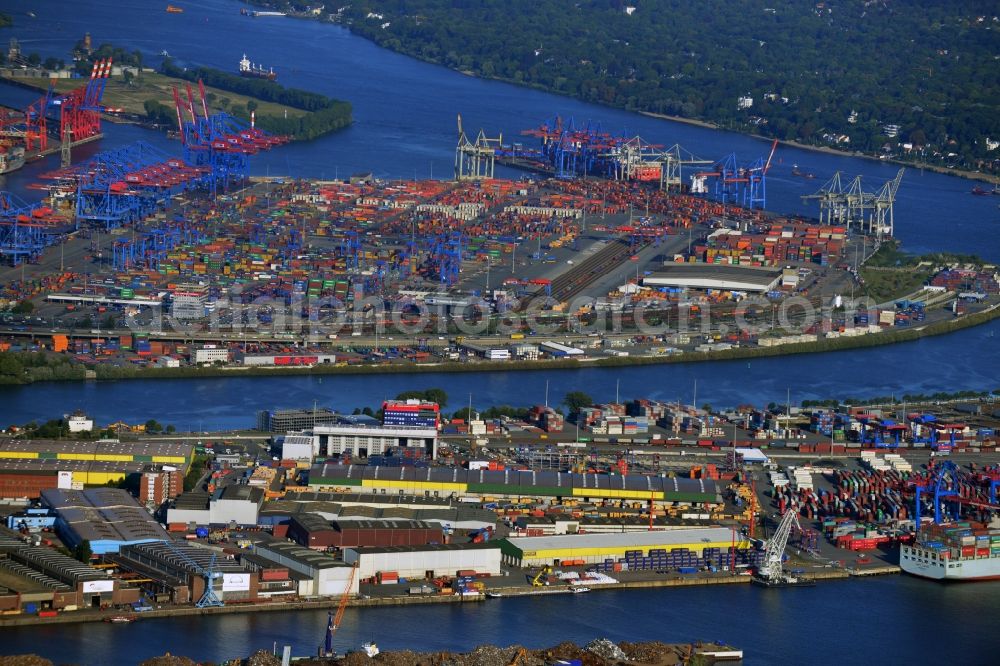 Aerial image Hamburg - View on container and container ships at berth HHLA Logistics Container Terminal Tollerort and Walter Hofer Euro Gate Container Terminal in the Port of Hamburg harbor in Hamburg