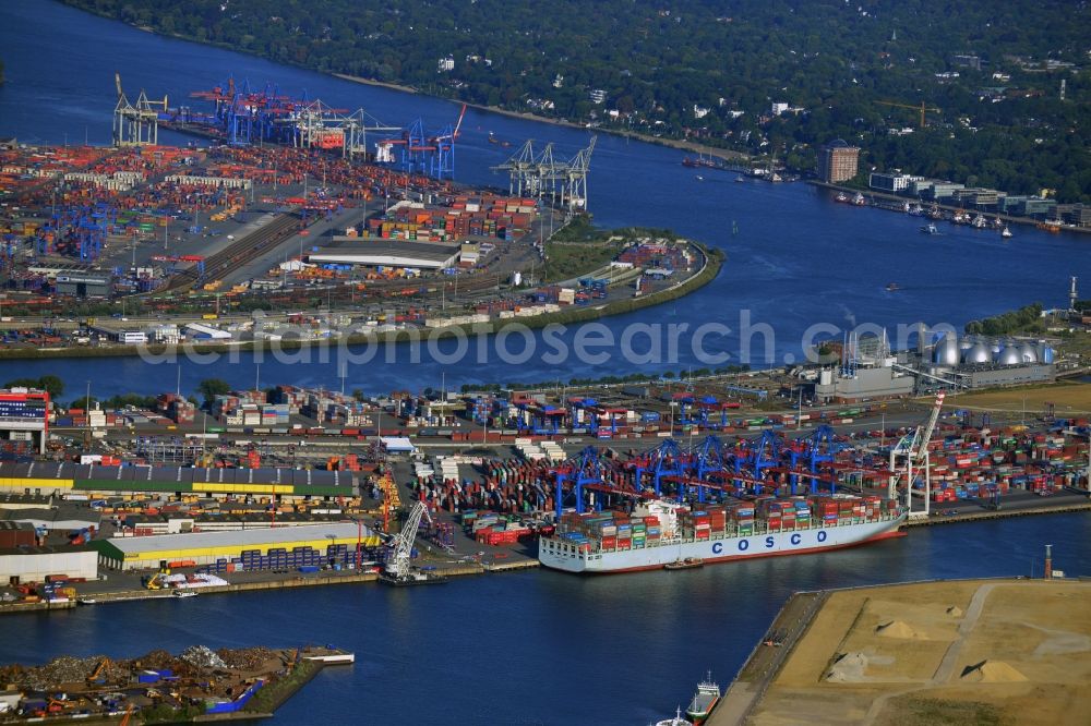 Aerial photograph Hamburg - View on container and container ships at berth HHLA Logistics Container Terminal Tollerort and Walter Hofer Euro Gate Container Terminal in the Port of Hamburg harbor in Hamburg