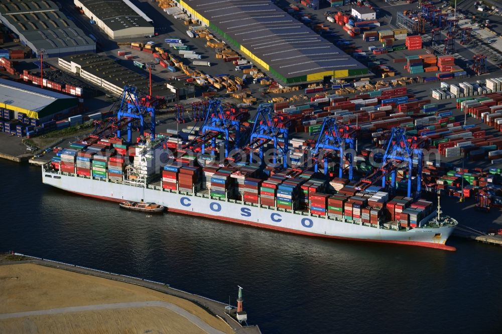 Hamburg from above - View on container and container ships at berth HHLA Logistics Container Terminal Tollerort and Walter Hofer Euro Gate Container Terminal in the Port of Hamburg harbor in Hamburg