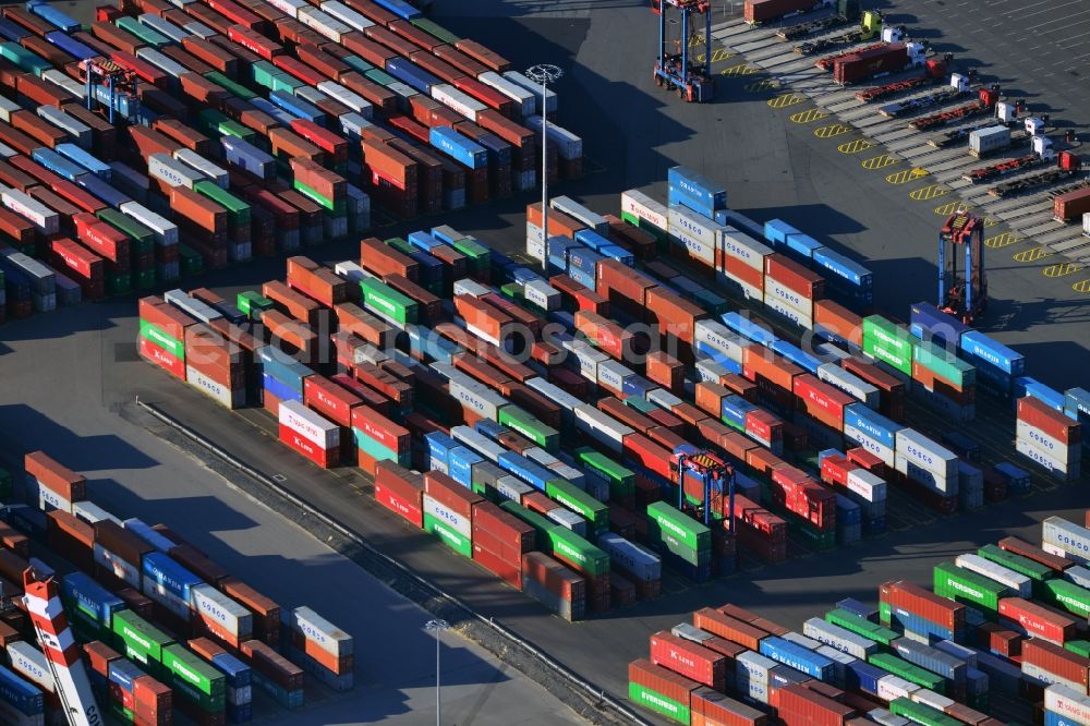 Aerial image Hamburg - View on container and container ships at berth HHLA Logistics Container Terminal Tollerort and Walter Hofer Euro Gate Container Terminal in the Port of Hamburg harbor in Hamburg