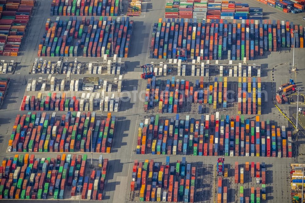 Hamburg from the bird's eye view: View on container and container ships at berth HHLA Logistics Container Terminal Tollerort and Walter Hofer Euro Gate Container Terminal in the Port of Hamburg harbor in Hamburg