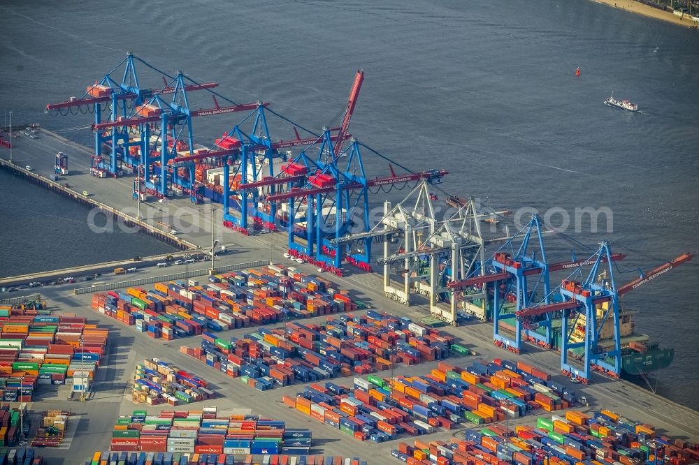 Aerial image Hamburg - View on container and container ships at berth HHLA Logistics Container Terminal Tollerort and Walter Hofer Euro Gate Container Terminal in the Port of Hamburg harbor in Hamburg