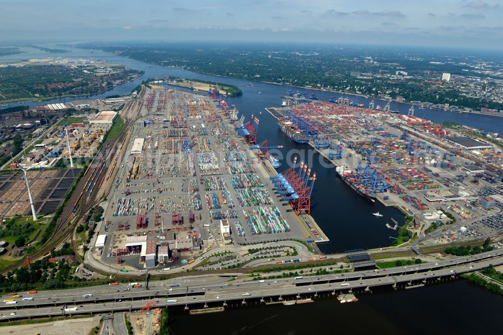 Aerial image Hamburg - View on container and container ships at berth HHLA Logistics Container Terminal Tollerort and Walter Hofer Euro Gate Container Terminal in the Port of Hamburg harbor in Hamburg