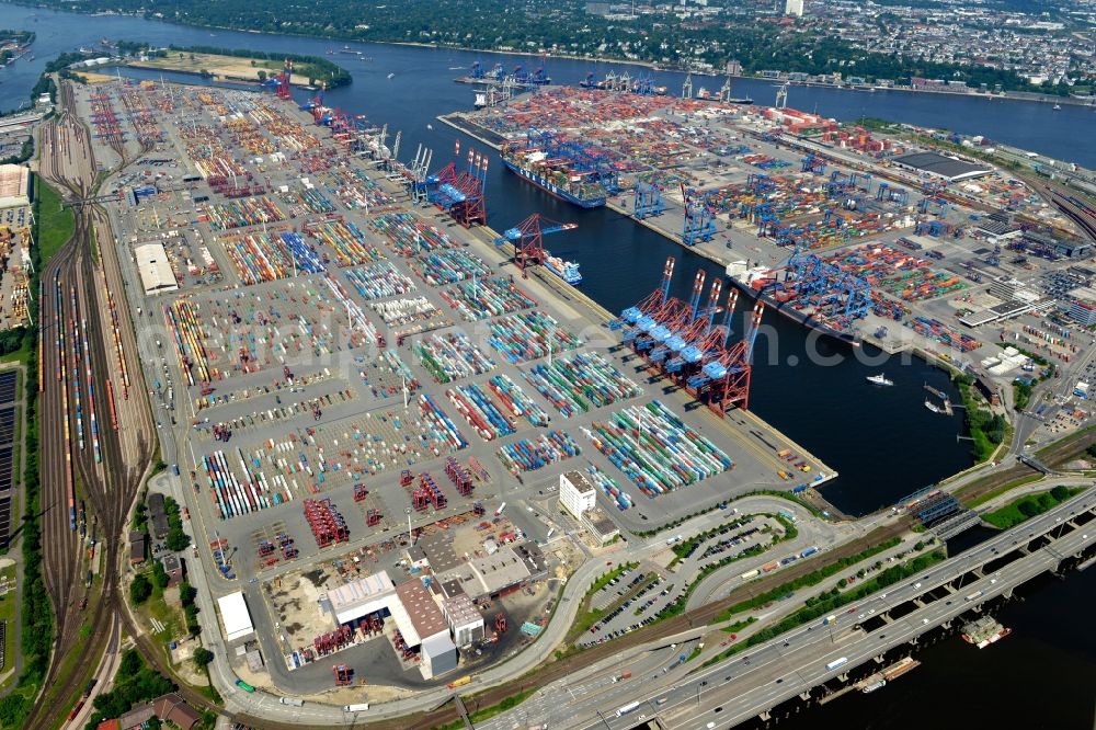 Aerial photograph Hamburg - View on container and container ships at berth HHLA Logistics Container Terminal Tollerort and Walter Hofer Euro Gate Container Terminal in the Port of Hamburg harbor in Hamburg