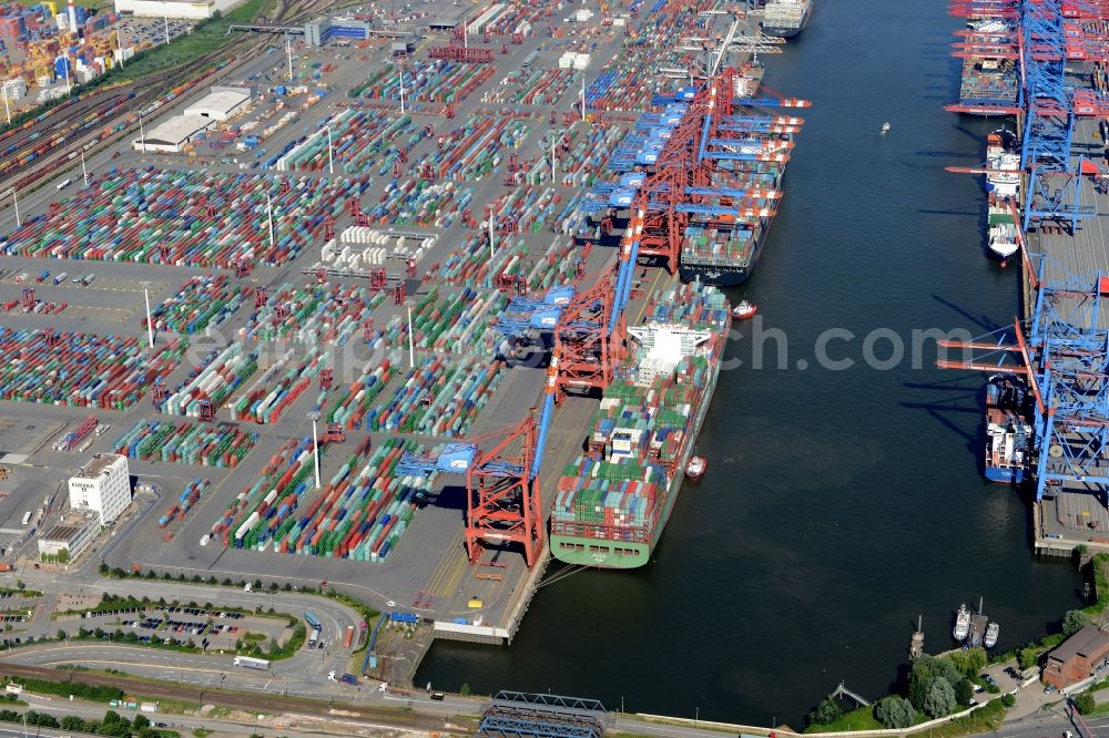 Hamburg from above - View on container and container ships at berth HHLA Logistics Container Terminal Tollerort and Walter Hofer Euro Gate Container Terminal in the Port of Hamburg harbor in Hamburg