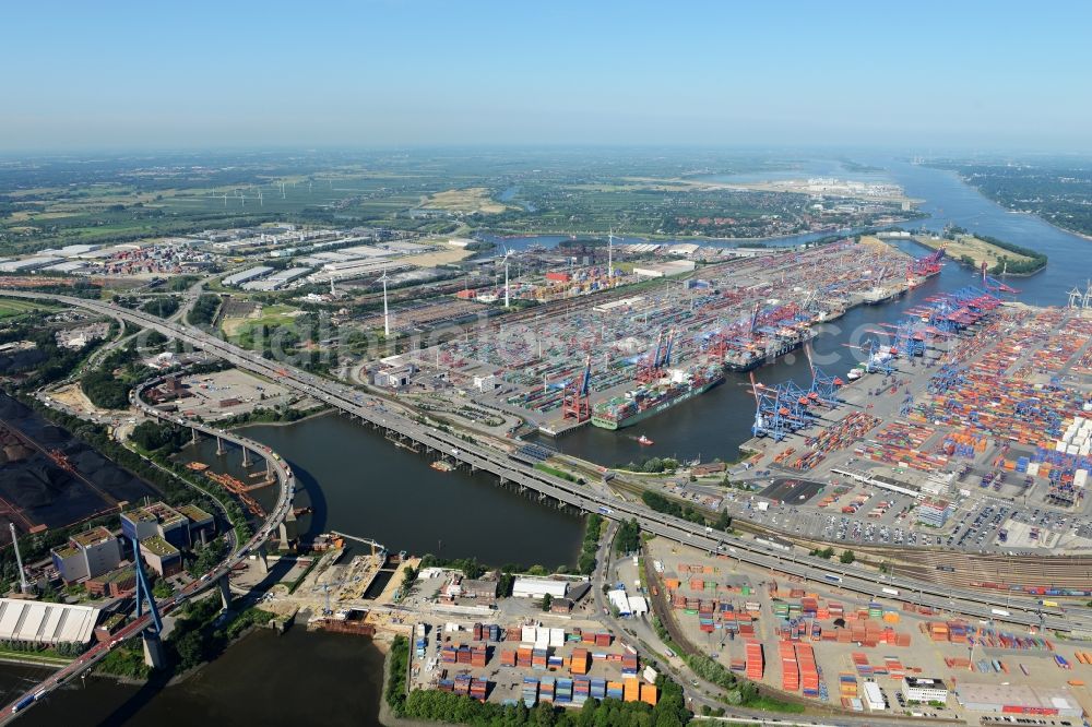 Aerial photograph Hamburg - View on container and container ships at berth HHLA Logistics Container Terminal Tollerort and Walter Hofer Euro Gate Container Terminal in the Port of Hamburg harbor in Hamburg