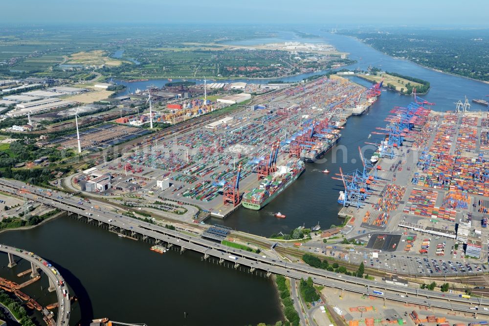 Hamburg from above - View on container and container ships at berth HHLA Logistics Container Terminal Tollerort and Walter Hofer Euro Gate Container Terminal in the Port of Hamburg harbor in Hamburg