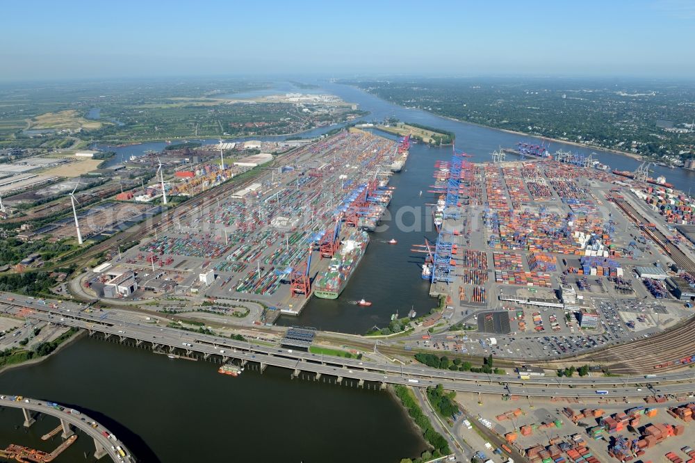 Aerial image Hamburg - View on container and container ships at berth HHLA Logistics Container Terminal Tollerort and Walter Hofer Euro Gate Container Terminal in the Port of Hamburg harbor in Hamburg