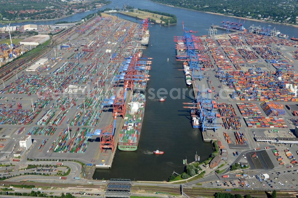 Aerial photograph Hamburg - View on container and container ships at berth HHLA Logistics Container Terminal Tollerort and Walter Hofer Euro Gate Container Terminal in the Port of Hamburg harbor in Hamburg