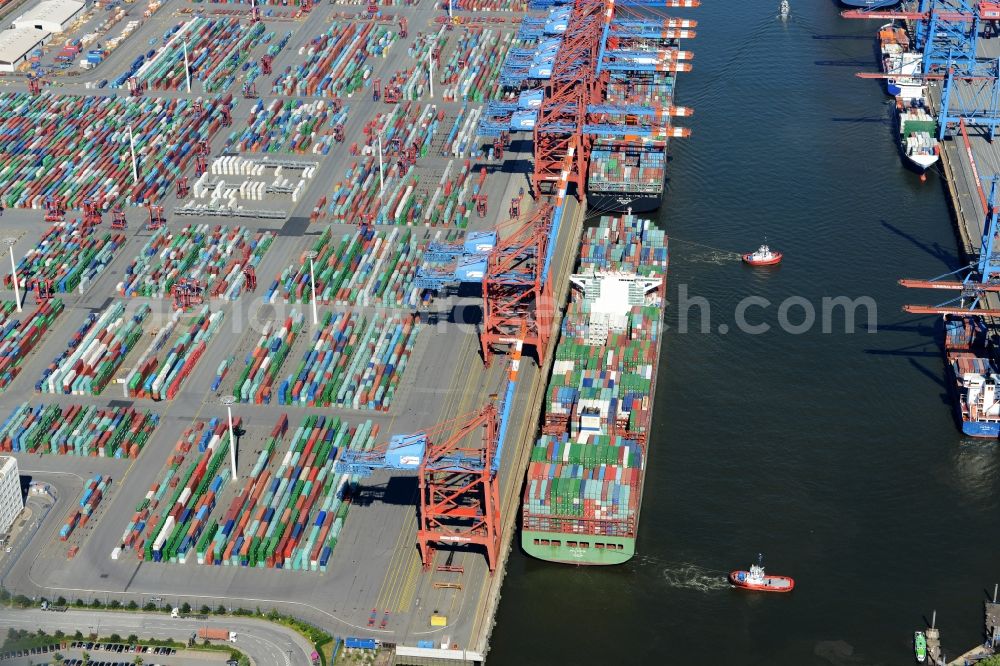 Hamburg from above - View on container and container ships at berth HHLA Logistics Container Terminal Tollerort and Walter Hofer Euro Gate Container Terminal in the Port of Hamburg harbor in Hamburg