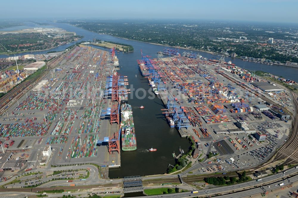 Hamburg from the bird's eye view: View on container and container ships at berth HHLA Logistics Container Terminal Tollerort and Walter Hofer Euro Gate Container Terminal in the Port of Hamburg harbor in Hamburg