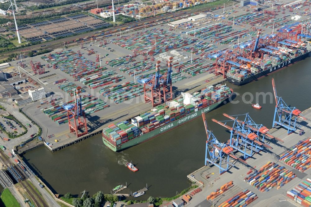 Aerial image Hamburg - View on container and container ships at berth HHLA Logistics Container Terminal Tollerort and Walter Hofer Euro Gate Container Terminal in the Port of Hamburg harbor in Hamburg