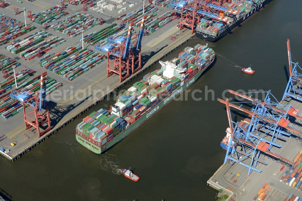 Aerial photograph Hamburg - View on container and container ships at berth HHLA Logistics Container Terminal Tollerort and Walter Hofer Euro Gate Container Terminal in the Port of Hamburg harbor in Hamburg