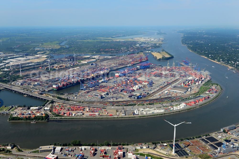 Aerial photograph Hamburg - View on container and container ships at berth HHLA Logistics Container Terminal Tollerort and Walter Hofer Euro Gate Container Terminal in the Port of Hamburg harbor in Hamburg