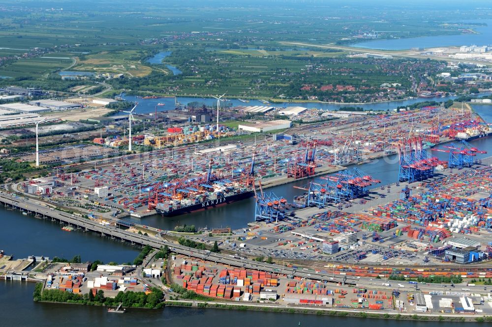 Hamburg from the bird's eye view: View on container and container ships at berth HHLA Logistics Container Terminal Tollerort and Walter Hofer Euro Gate Container Terminal in the Port of Hamburg harbor in Hamburg