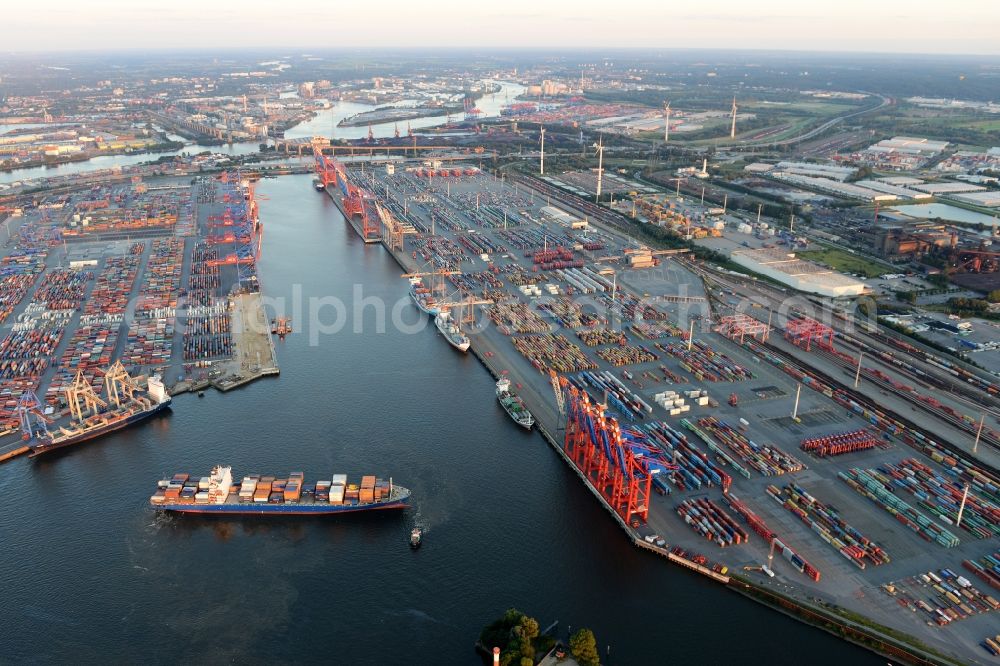 Aerial image Hamburg - View on container and container ships at berth HHLA Logistics Container Terminal Tollerort and Walter Hofer Euro Gate Container Terminal in the Port of Hamburg harbor in Hamburg