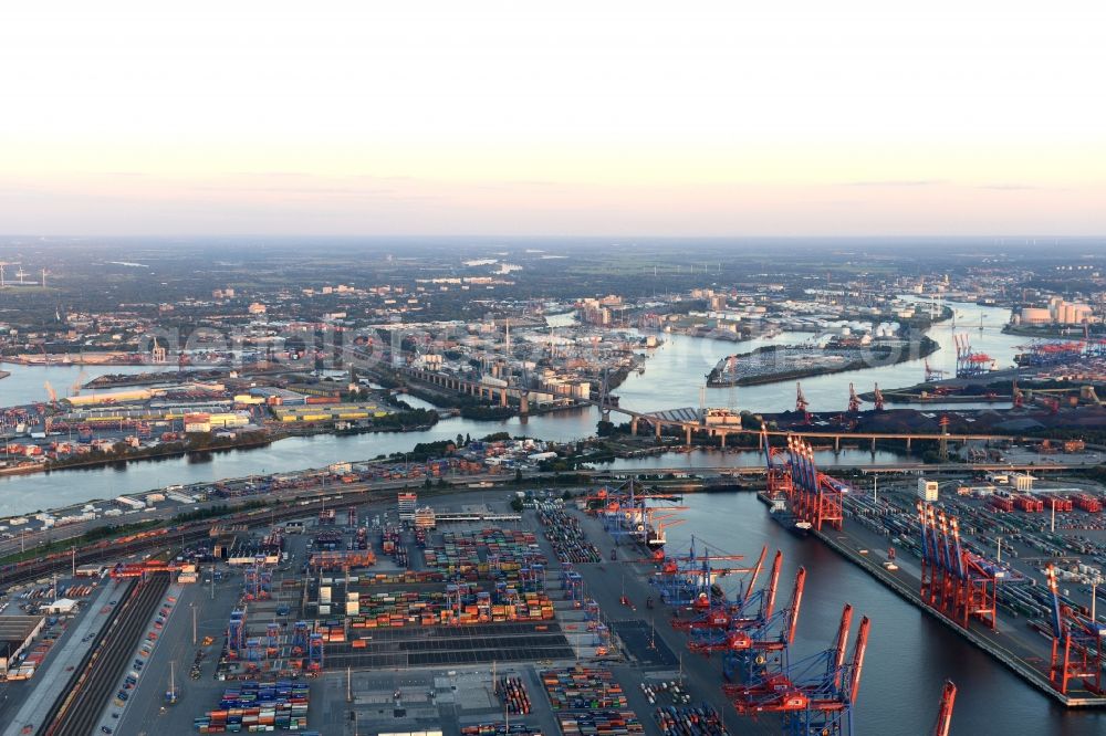 Aerial photograph Hamburg - View on container and container ships at berth HHLA Logistics Container Terminal Tollerort and Walter Hofer Euro Gate Container Terminal in the Port of Hamburg harbor in Hamburg