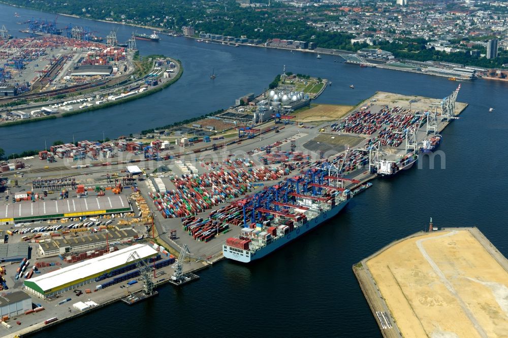 Hamburg from above - View on container and container ships at berth HHLA Logistics Container Terminal Tollerort and Walter Hofer Euro Gate Container Terminal in the Port of Hamburg harbor in Hamburg