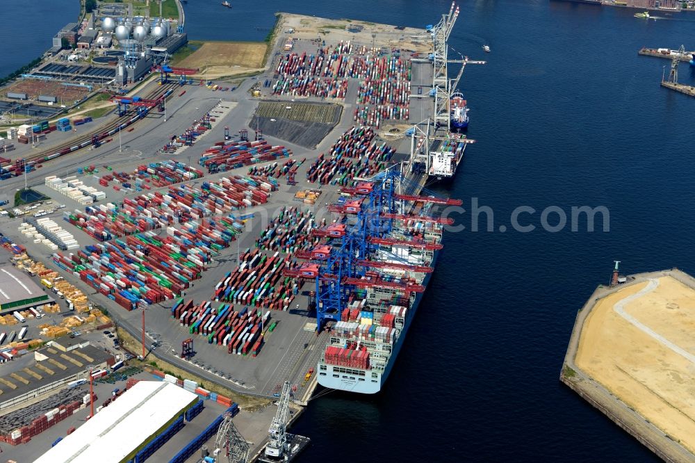 Hamburg from the bird's eye view: View on container and container ships at berth HHLA Logistics Container Terminal Tollerort and Walter Hofer Euro Gate Container Terminal in the Port of Hamburg harbor in Hamburg