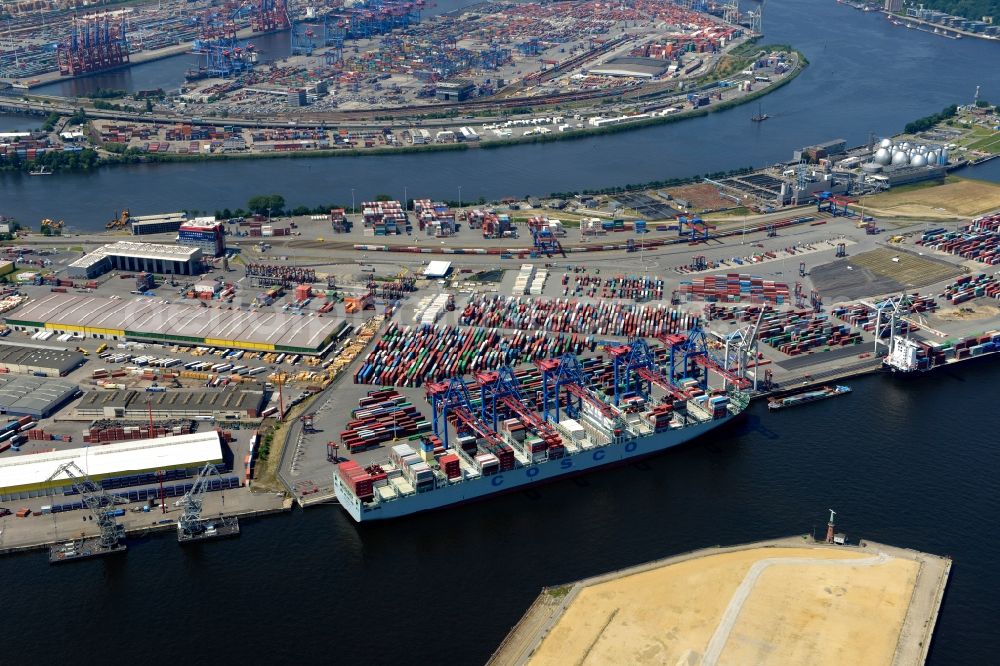 Aerial image Hamburg - View on container and container ships at berth HHLA Logistics Container Terminal Tollerort and Walter Hofer Euro Gate Container Terminal in the Port of Hamburg harbor in Hamburg