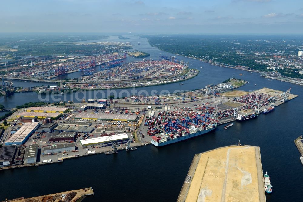 Hamburg from above - View on container and container ships at berth HHLA Logistics Container Terminal Tollerort and Walter Hofer Euro Gate Container Terminal in the Port of Hamburg harbor in Hamburg