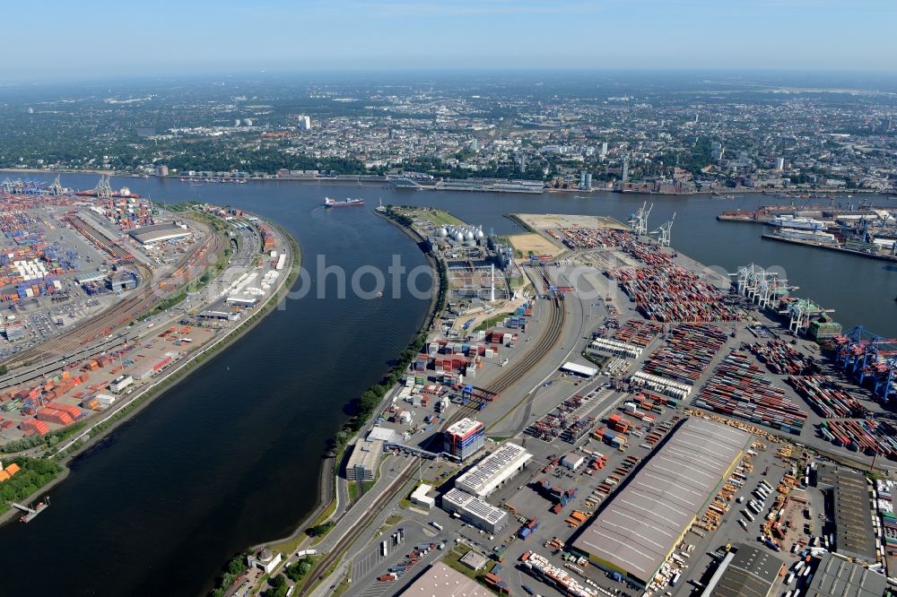 Hamburg from the bird's eye view: View on container and container ships at berth HHLA Logistics Container Terminal Tollerort and Walter Hofer Euro Gate Container Terminal in the Port of Hamburg harbor in Hamburg