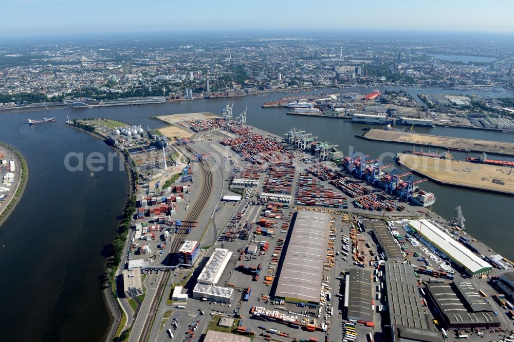 Aerial image Hamburg - View on container and container ships at berth HHLA Logistics Container Terminal Tollerort and Walter Hofer Euro Gate Container Terminal in the Port of Hamburg harbor in Hamburg