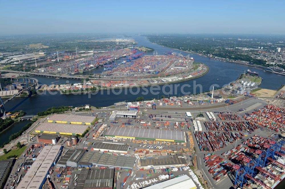 Aerial photograph Hamburg - View on container and container ships at berth HHLA Logistics Container Terminal Tollerort and Walter Hofer Euro Gate Container Terminal in the Port of Hamburg harbor in Hamburg