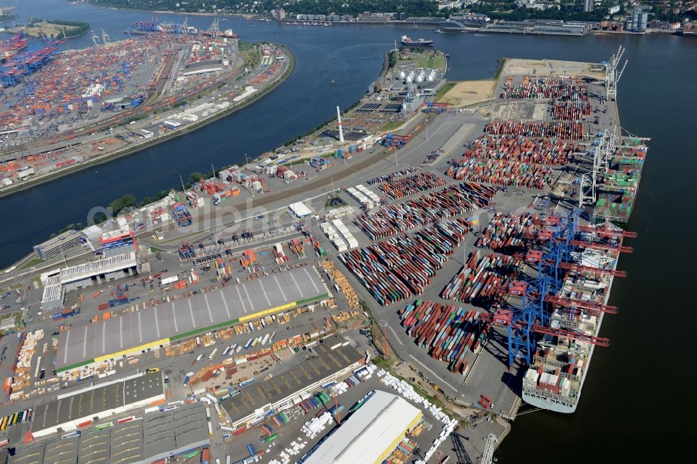 Hamburg from above - View on container and container ships at berth HHLA Logistics Container Terminal Tollerort and Walter Hofer Euro Gate Container Terminal in the Port of Hamburg harbor in Hamburg