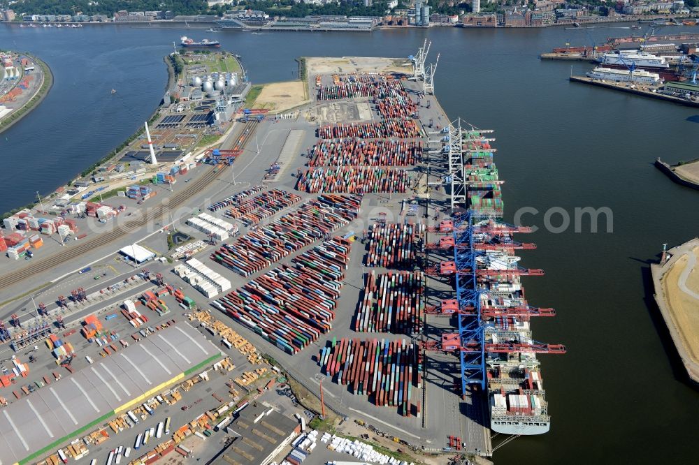 Hamburg from the bird's eye view: View on container and container ships at berth HHLA Logistics Container Terminal Tollerort and Walter Hofer Euro Gate Container Terminal in the Port of Hamburg harbor in Hamburg