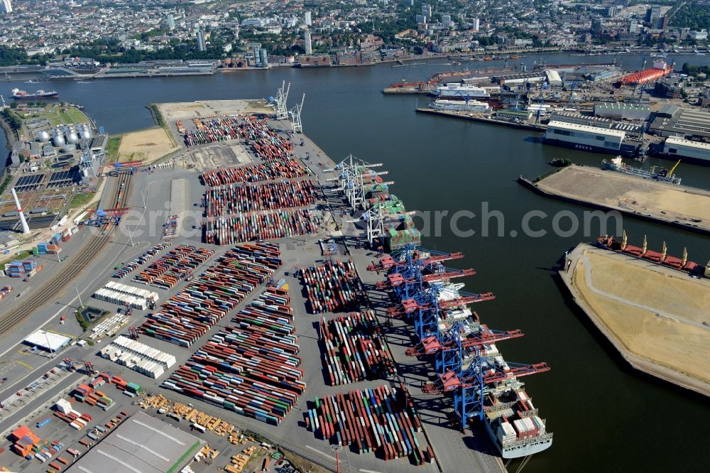 Aerial image Hamburg - View on container and container ships at berth HHLA Logistics Container Terminal Tollerort and Walter Hofer Euro Gate Container Terminal in the Port of Hamburg harbor in Hamburg