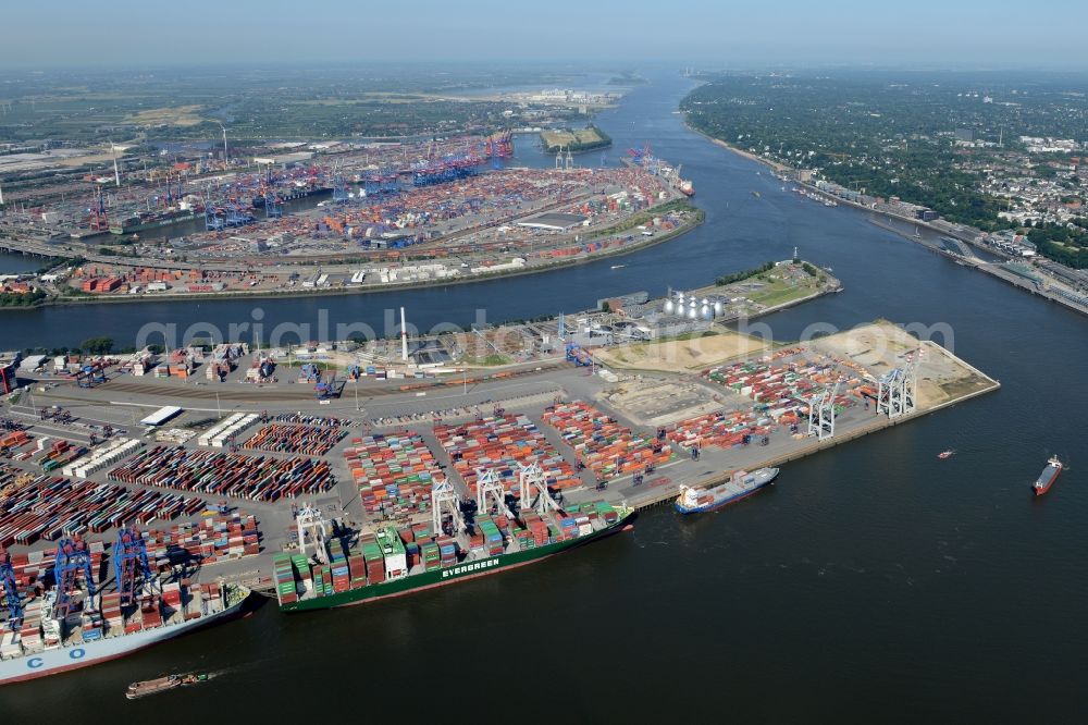 Aerial photograph Hamburg - View on container and container ships at berth HHLA Logistics Container Terminal Tollerort and Walter Hofer Euro Gate Container Terminal in the Port of Hamburg harbor in Hamburg