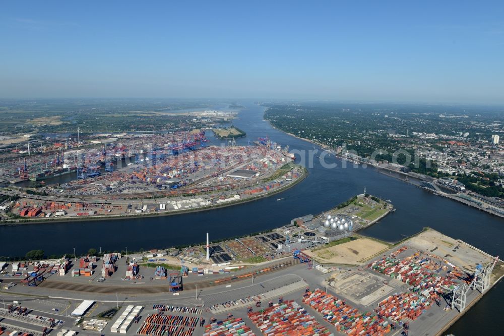 Hamburg from above - View on container and container ships at berth HHLA Logistics Container Terminal Tollerort and Walter Hofer Euro Gate Container Terminal in the Port of Hamburg harbor in Hamburg