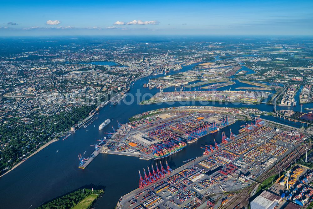 Hamburg from the bird's eye view: HHLA Logistics Container Terminal at the port Waltershofer Hafen in Hamburg