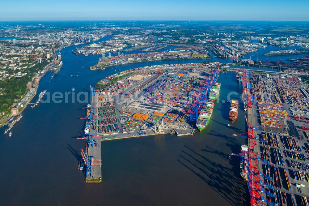 Hamburg from the bird's eye view: HHLA Logistics Container Terminal at the port Waltershofer Hafen in Hamburg