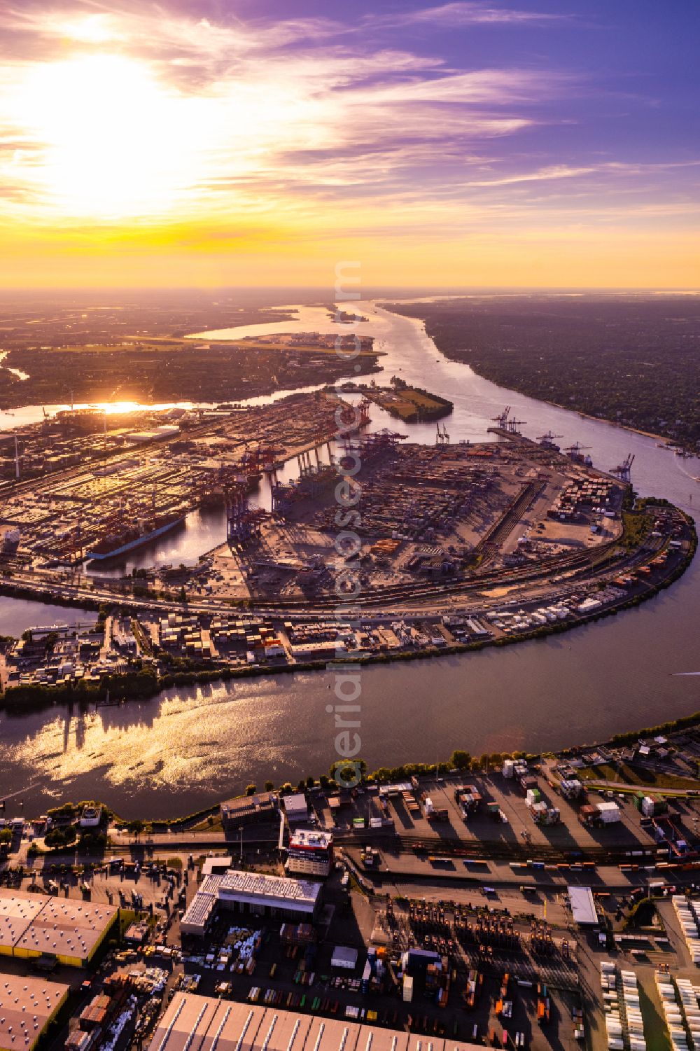 Aerial image Hamburg - HHLA Logistics Container Terminal at the port Waltershofer Hafen in Hamburg