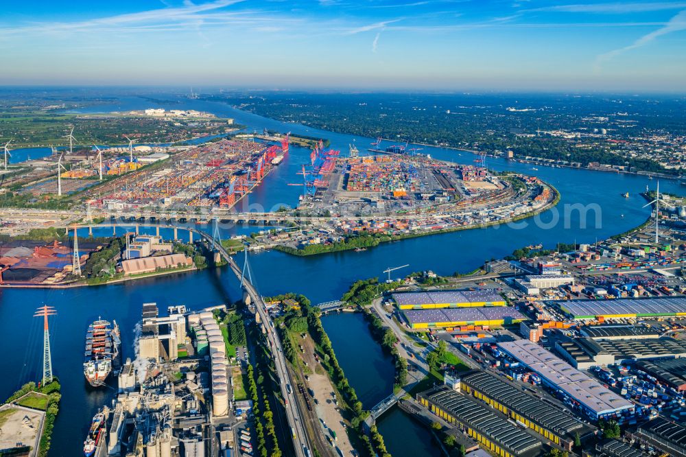 Aerial image Hamburg - HHLA Logistics Container Terminal at the port Waltershofer Hafen in Hamburg