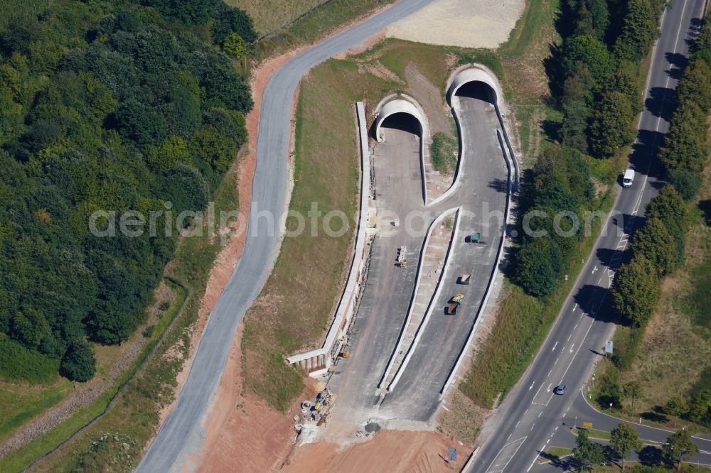 Hessisch Lichtenau from above - Routing and traffic lanes during the highway tunnel Hirschhagen- construction of the motorway A 44 in Hessisch Lichtenau in the state Hesse