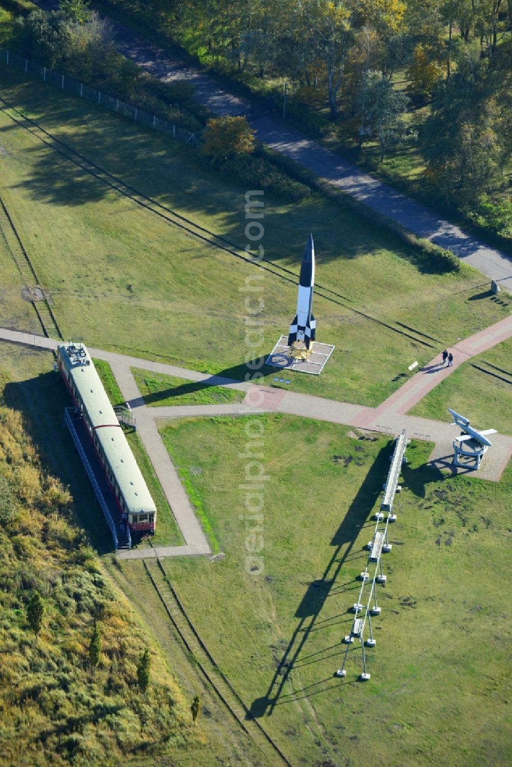 Peenemünde from above - View of the Peenemünde Information Centre for History and Technology. Amongst the showpieces on display in the open-air part of the site are a replica V-1 flying bomb, the A4 rocket and the former Peenemünde railbus