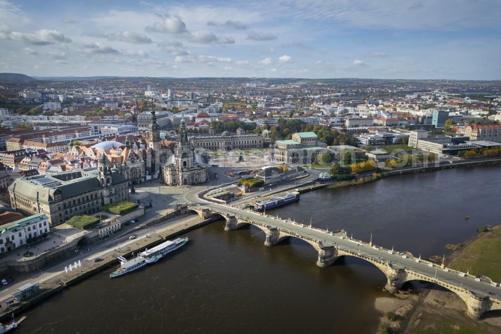 Dresden from the bird's eye view: Historic old town at the Augustus Bridge in Dresden in the state of Saxony, Germany